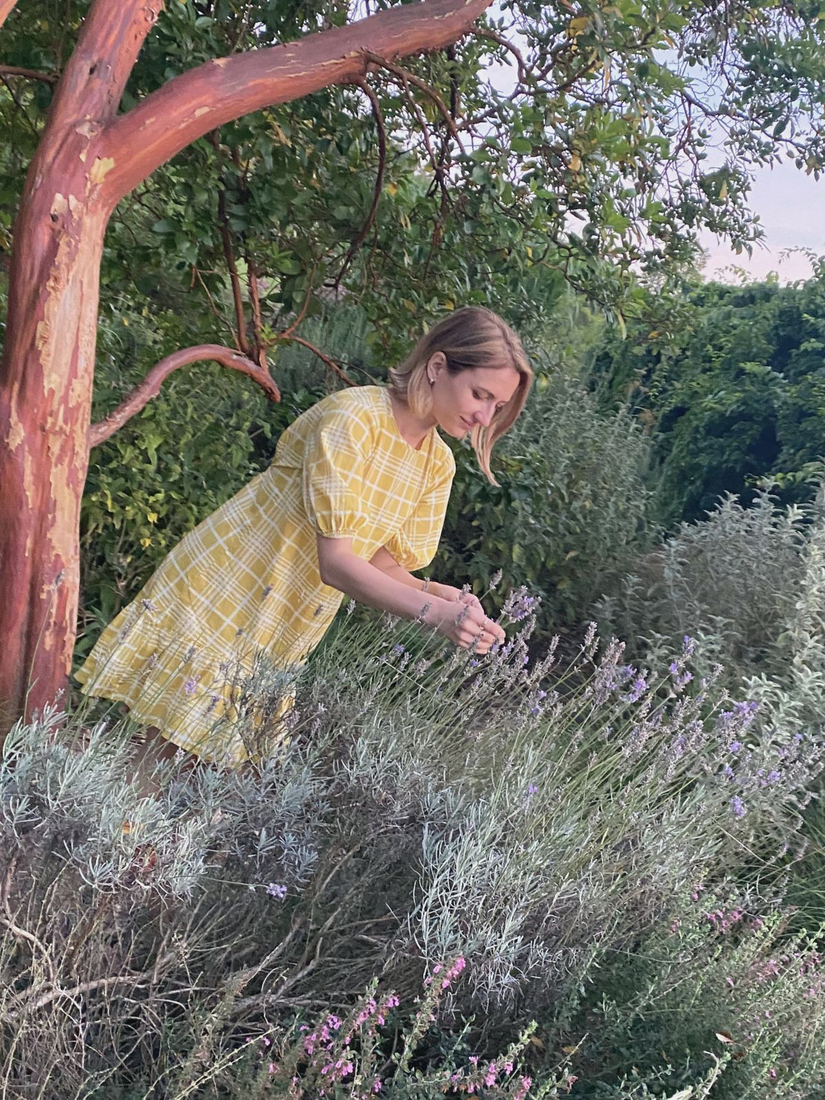 Madalina tending lavender in a garden, embodying grounded healing and emotional wholeness through nature.