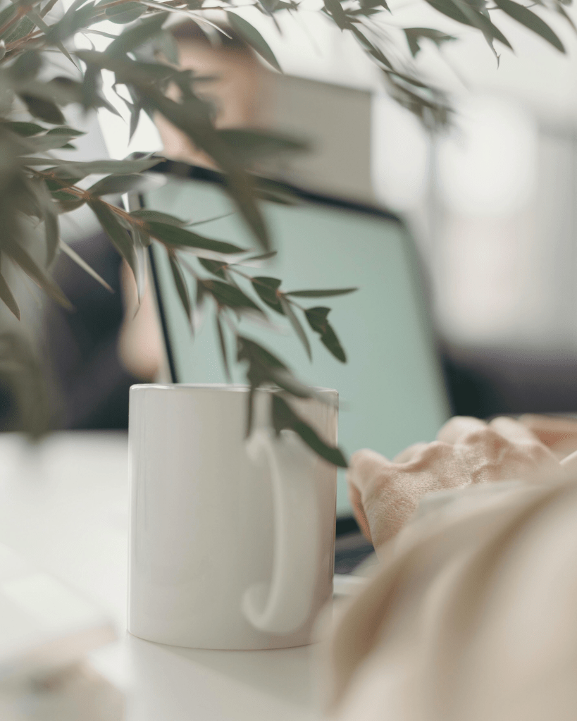 A calm workspace with a white mug, leafy branches, and hands typing on a laptop, symbolising focus and balance in personal and professional growth.