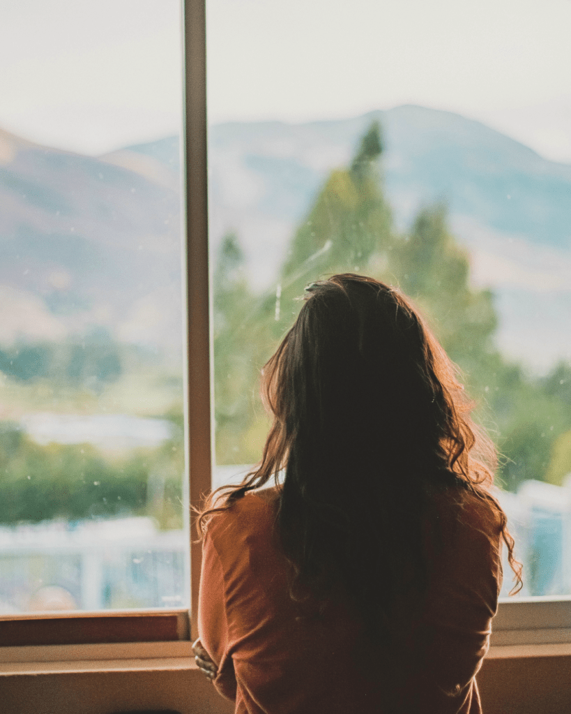 Person standing by a window looking outside, with natural daylight and a distant landscape in view.