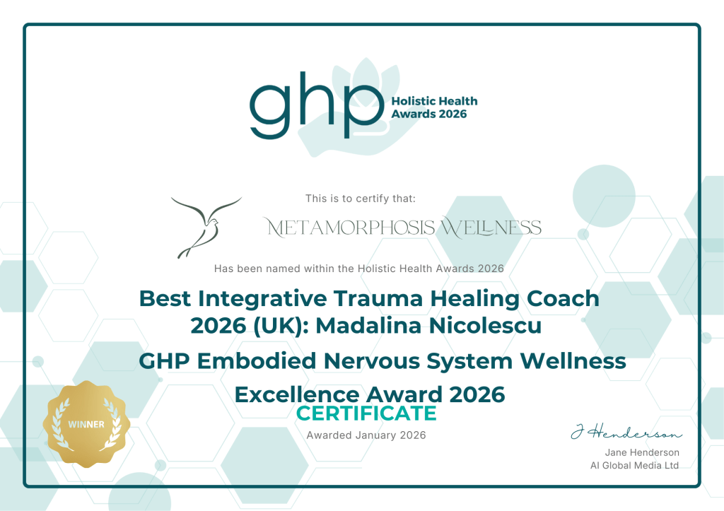 Best Integrative Trauma Healing Coach 2026 (UK): Madalina Nicolescu GHP Embodied Nervous System Wellness Excellence Award 2026 Certificate