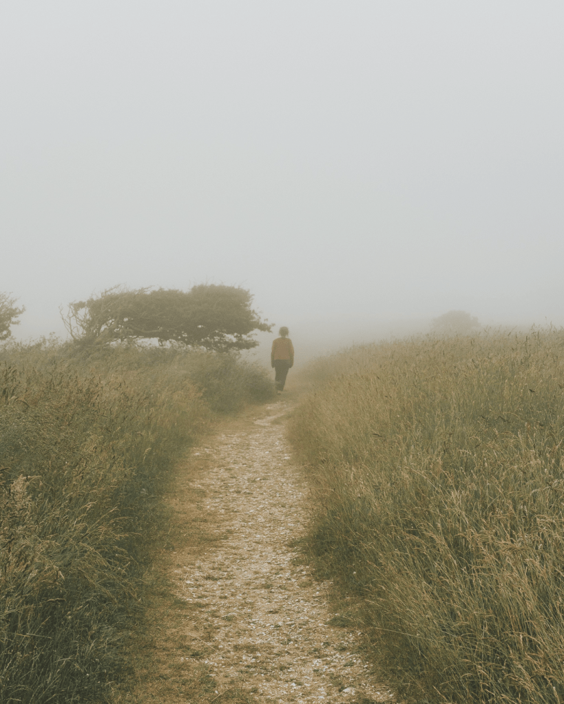 Person walking along a misty countryside path, symbolising the journey toward emotional safety, nervous system healing and recovery after trauma.