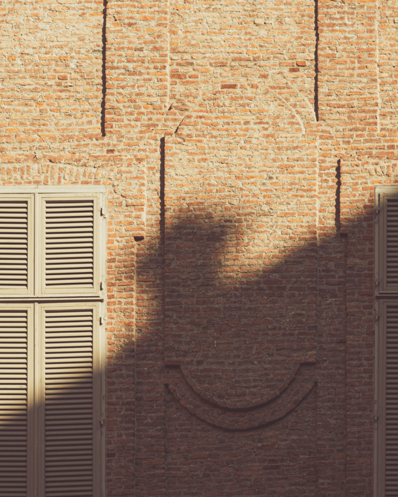 Brick wall with repeated shuttered windows and strong shadows, representing patterned decision-making under coercive control.